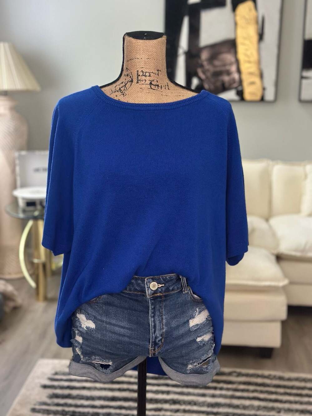 Designers Originals Luxelon Royal Blue Raglan Short Sleeve Knit Sweater 3X